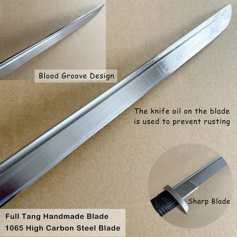 34 Inch Handmade Full Tang High Carbon Steel Samurai Katana With Scabbard showing the 1065 blade design and sharp edge.