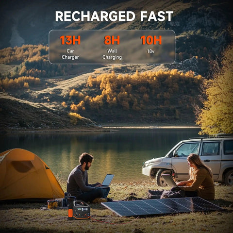 Portable Power Station 300W 266Wh Solar Generator With 7-Output Hub used for charging devices in outdoor campsite