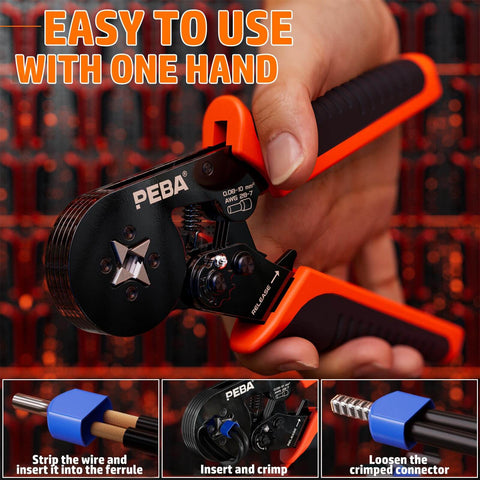 Hand holding Pro Grade Ferrule Crimping Tool Kit With Self Adjusting Ratchet For AWG 28 To 7 with instructions.