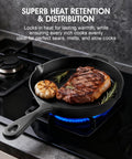 9.5 Inch Cast Iron Skillet With Teardrop Handle Oven Safe Camping Cookware for Stove and Grill with steak and garlic on stovetop