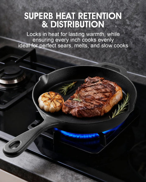 9.5 Inch Cast Iron Skillet With Teardrop Handle Oven Safe Camping Cookware for Stove and Grill with steak and garlic on stovetop