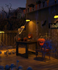 Solar Fence Lights Waterproof Outdoor Gutter Lights With Two Installation Methods For Deck Garden Porch Garage Wall Patio Backyard Warm White 6 Pack No Fuss Setup illuminating Halloween decorations on a porch.