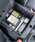 Center Console Organizer For Jeep Wrangler JL JLU And Gladiator JT 2018 Through 2026 Armrest Storage Tray with items inside
