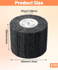 Close-up of 2-Pack 60 Grit Polishing Drum Wheel Set, 4.7 by 4 inch with measurements, abrasive wire for paint and rust removal.