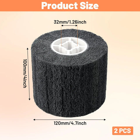 Close-up of 2-Pack 60 Grit Polishing Drum Wheel Set, 4.7 by 4 inch with measurements, abrasive wire for paint and rust removal.