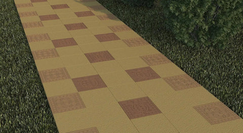 Outdoor pathway with decorative cement tiles, possibly created using Turtle Stepping Stone Mold For Garden Pathways, blending in garden setting.
