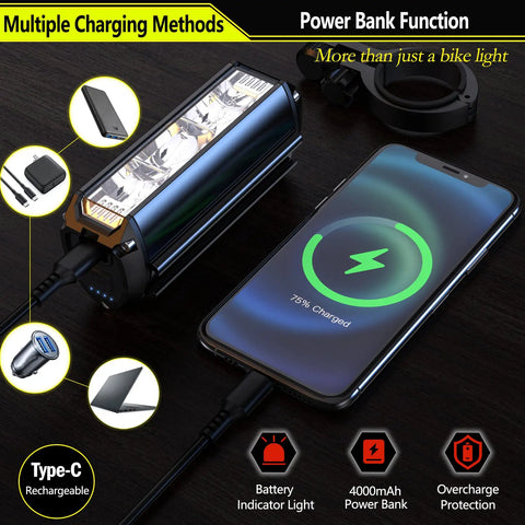 3 LED Bike Light With 1200 Lumen Super Bright Output, High Beam And Low Beam Modes, USB C Rechargeable Bicycle Headlight, Waterproof Front Light For Night Riding, 4000mAh Battery, Long Run Time, MTB Ready Beast Bright