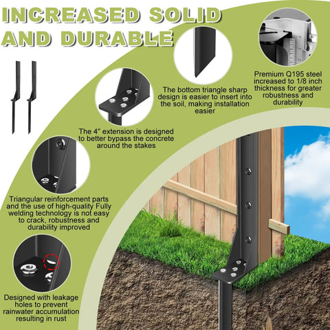 Heavy Duty Fence Post Repair Kit For Wood Posts With Ground Stakes And Post Anchors Two Pack diagram showing features and steel thickness