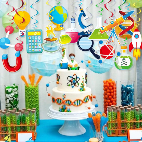 Science Party Hanging Swirl Decor Set above colorful lab-themed birthday table with candy and cake for kids' bash.