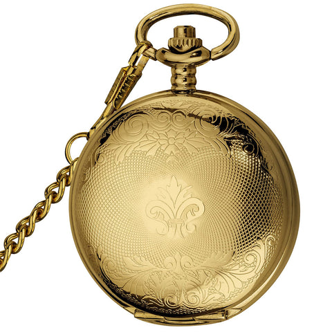 Gold Tone Skeleton Pocket Watch With Chain For Men, Half Hunter Double Cover, Mechanical Self-Winding Timepiece With Roman Numerals, Vintage Style That Feels Old-School Cool In Box