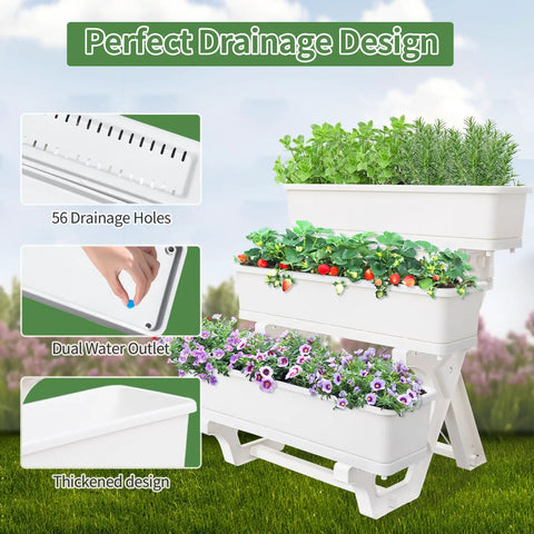 Two In One Three Tier Vertical Garden Planter Stand With Tray For Indoor And Outdoor Use, herbs, strawberries, flowers visible