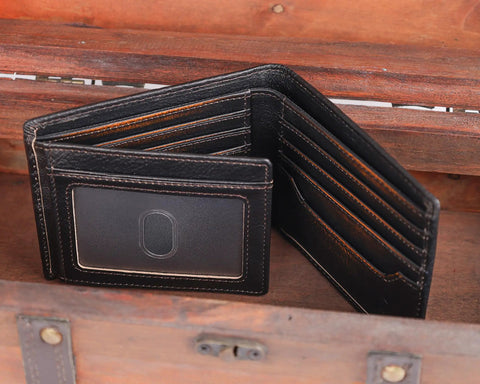 Open black USA Flag Bifold Wallet For Men With RFID Blocking Full Grain Leather Hand Burnished Design Extra Capacity