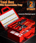 Pro Grade All In One JST Crimp Tool And Connector Kit displayed in red 2-storey toolbox with removable tray and connector chart