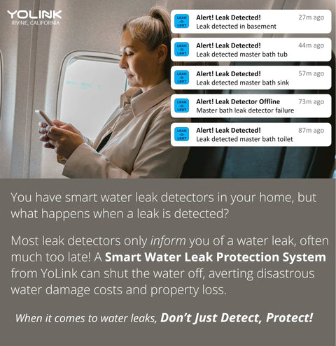 Woman receiving alerts from Ultra Long Range Water Leak Sensor With 105dB Siren And Open Air Range For Smart Home No WiFi Needed LoRa Based Detector 4.2 Ft Rope Cable Alexa And IFTTT Compatible Includes Hub 2 Plus Year Battery Life on phone