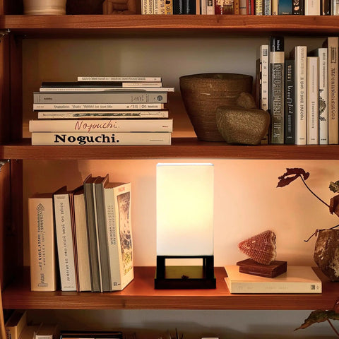 Maxwell Bedside Lamp With USB Port For Bedroom And Living Room Cozy Wood Frame Nightstand Light on bookshelf with soft glow