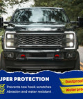 Ford Super Duty F250 with Red Silicone Front Tow Hook Covers 2017-2026, flush fit design, easy install, on-road view