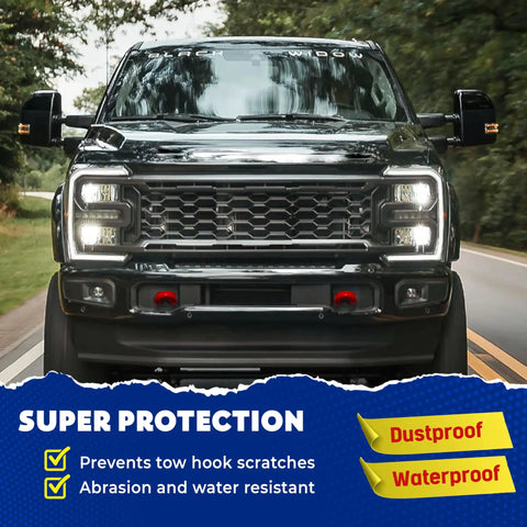 Ford Super Duty F250 with Red Silicone Front Tow Hook Covers 2017-2026, flush fit design, easy install, on-road view