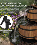 Rustic Wood Barrel 3 Tier Outdoor Water Fountain With Electric Hand Pump Cascading Waterfall For Garden Backyard Patio
