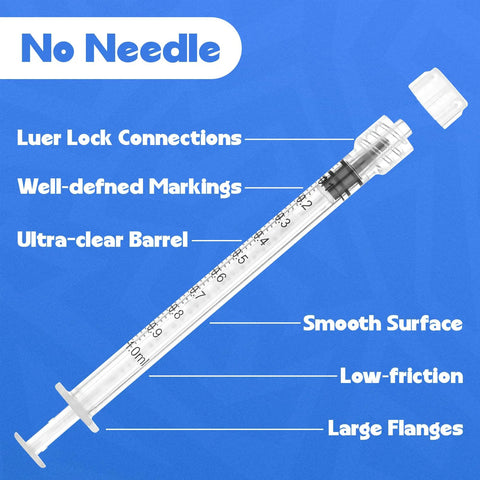 One mL Luer Lock Syringes Without Needle With Cap Pack Of 50 For Dope Precision In Labs Pet Care Crafts And Home Use Sterile Latex Free Safe Cap Seal Easy Squeeze And Clean Storage, clear barrel