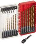 Front view of Craftsman 21pc titanium nitride-coated drill and screwdriver bit set in red/clear plastic case with bit adapter