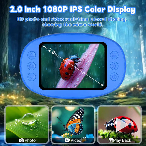 Kids Pocket Digital Microscope With 2.0 Inch IPS Screen 1080p Photo Video 50X To 1000X Magnification Eight LED Lights Portable STEM Toy For Ages 3, 6, And 12 Boys And Girls Blue, blue handheld view