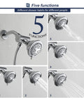 Two In One Handheld And Overhead Shower Head System In Chrome With Five Modes Four Inch And Four Inch Dual Shower Heads