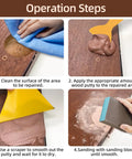 Four operation steps using 32oz Walnut Wood Filler Putty Repair Kit For Paintable Furniture Fix Up Dents, Cracks, Holes, And Defects, Includes Scrapers, Sanding Block, Gloves, And Easy To Use DIY Wood Repair.
