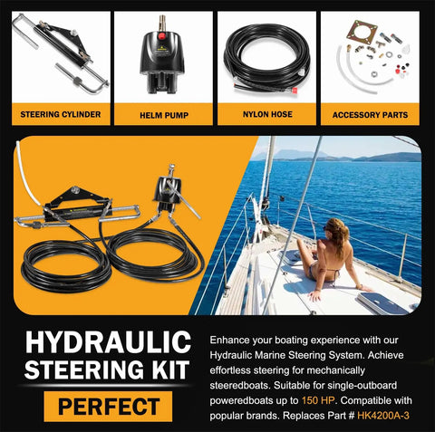 Hydraulic Outboard Steering Kit For 150HP Boats With 6.9 MPa Helm Pump, 409.7 Kgf Cylinder, 26 Ft Cuttable Nylon Hoses in use