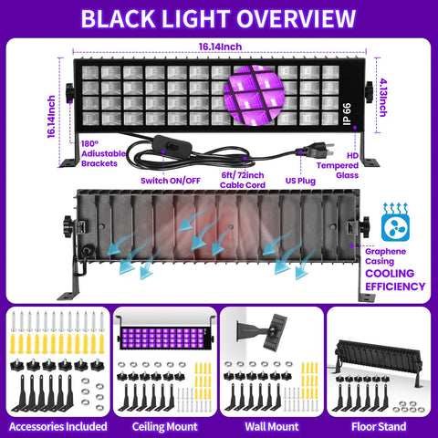 120W Black Light Bar With IP66 Waterproof Design Plug Switch And 6ft Cord 100 LED Lit Glow Light For Indoor Outdoor Parties Halloween Decor Fluorescent Posters Body Paint Game Room And More Ultra Wide Coverage Party Ready Lighting