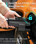 Nacs To Ccs1 Dc Fast Charging Adapter With Heavy Duty Safety Lock For Electric Vehicles being connected, showcasing its sturdy design.