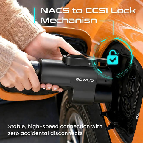 Nacs To Ccs1 Dc Fast Charging Adapter With Heavy Duty Safety Lock For Electric Vehicles being connected, showcasing its sturdy design.