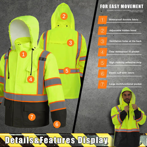 Kickass High Visibility Safety Rain Jacket For Men And Women With Breathable Mesh Lining And Full Reflective Strips Lightweight Waterproof Work Gear Tough As Nails Protection with adjustable hood and pockets.