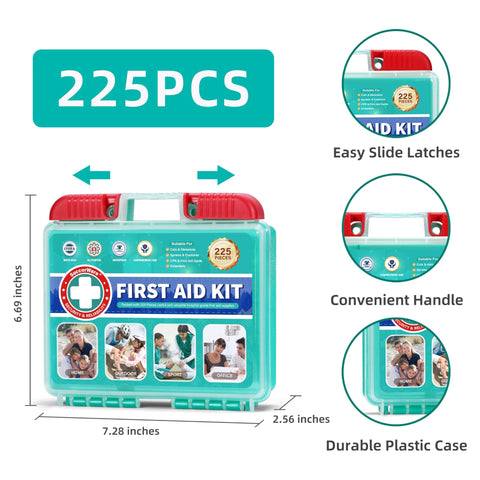 Front view of SuccorWare 225-piece first aid kit in teal plastic case with red latches and carrying handle.