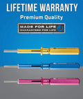 KR 260 3 Piece Extraction Tool Kit With Rugged Leather Case Pro Grade Build tools yellow blue pink handles on display
