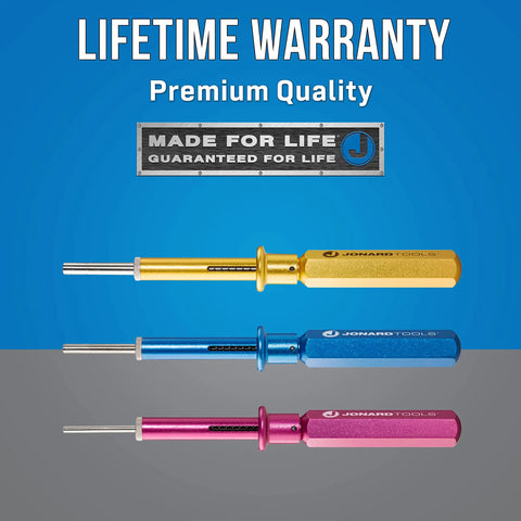 KR 260 3 Piece Extraction Tool Kit With Rugged Leather Case Pro Grade Build tools yellow blue pink handles on display