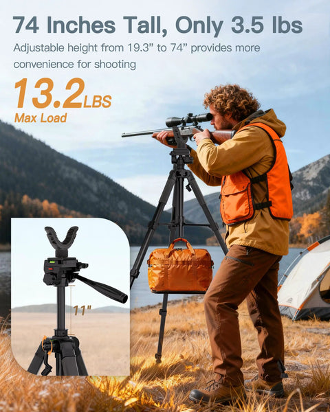 Hunter using 74 Inch Adjustable Rifle Tripod Stand With V Yoke Gun Rest, Beefy Aluminum Shooting Tripod in outdoor setting.