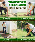 Man using Pro Grade Stainless Lawn Leveling Rake 30 Inch Heavy Duty Ground Leveler over grass in 4-step lawn transformation process.
