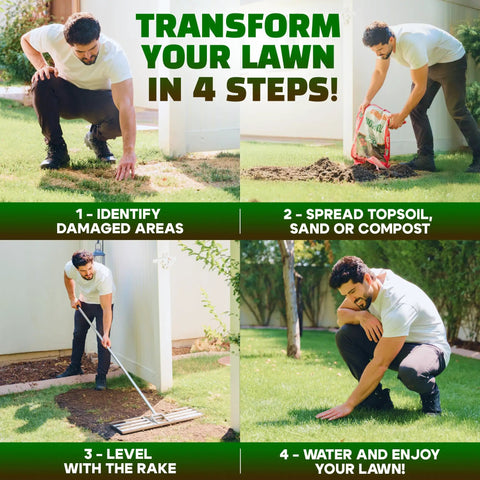 Man using Pro Grade Stainless Lawn Leveling Rake 30 Inch Heavy Duty Ground Leveler over grass in 4-step lawn transformation process.