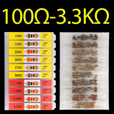 Carbon Resistor Assortment Kit 1/4W 5 Percent Tolerance 100 Ohm To 1 Megaohm, 20 labeled compartments, 100Ω-3.3kΩ