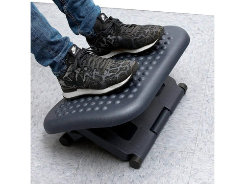 Person using Under Desk Foot Rest For Ergonomic Comfort, Height Adjustable From 3.25 To 6.25 Inches, Massage Textured Surface, Black