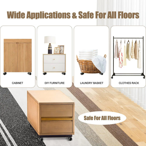 Image showing Easy Peasy Peel And Stick Caster Wheels For Trash Cans And Storage Bins in use with cabinets and laundry baskets.