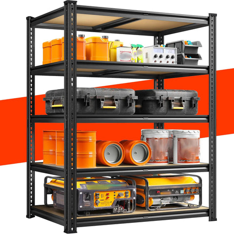 72.05 Inch Tall Heavy Duty Garage Shelving Unit Built Tough With 2300 Lb Capacity Steel Frame No Collapse Design Stable Shelves For Garage Basement Or Pantry Storage And Organization. black steel shelving unit with four shelves holding tools and containers