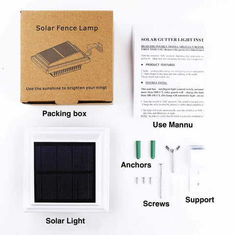 Solar Powered Gutter Lights Outdoor Waterproof Dusk To Dawn 25 LED Deck Fence Wall Stair Step Yard Pathway Lighting 2 Pack components with packaging, manual, and installation tools.