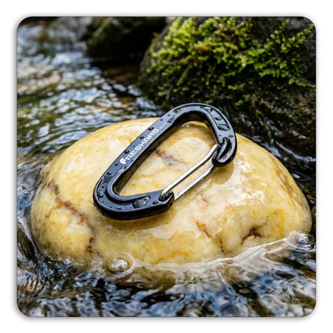 Heavy Duty Wire Gate Carabiner Clip Set 7075 Aluminum Lightweight Mini Carabiners 5 Pack resting on wet rock