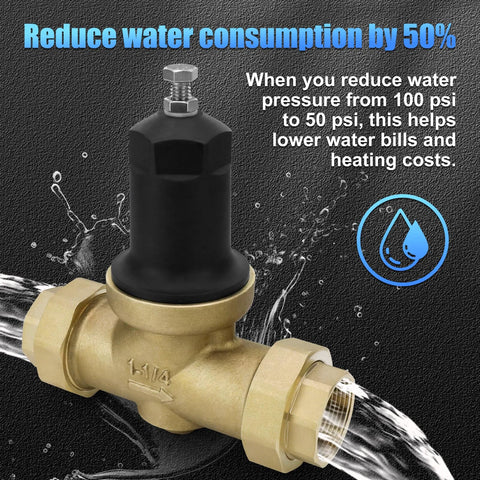 Brass pressure reducing valve with black cap, 1-1/4 in NPT dual-thread connections for drinking water pipes