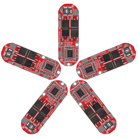 Five Piece Bulletproof BMS Battery Management System For 5 Series Lithium Ion Pack 21 Volt 25 Amp Continuous Charge And Discharge Protection Circuit Board showing five red circuit boards.