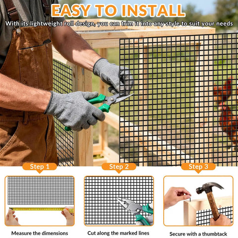 Person trimming Heavy Duty 1/4 Inch Black Vinyl Chicken Wire Fence Roll, 23 Gauge Rust Fighting Hardware Cloth for installation.