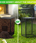 Heavy Duty 2 In 1 Outdoor Compost Bin With Lid, Large 93/130 Gallon, shows vertical and horizontal setup in garden setting.