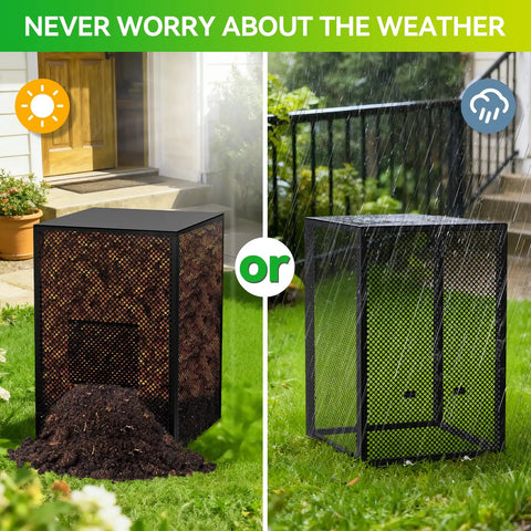 Heavy Duty 2 In 1 Outdoor Compost Bin With Lid, Large 93/130 Gallon, shows vertical and horizontal setup in garden setting.