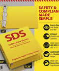 OSHA Compliant SDS Binder 2 Inch Heavy Duty MSDS Binder Bilingual English Spanish Holds 400 Sheets Bright Yellow Safety Data Sheet Organizer For Quick Access And Audit Ready Compliance shown open with features highlighted.